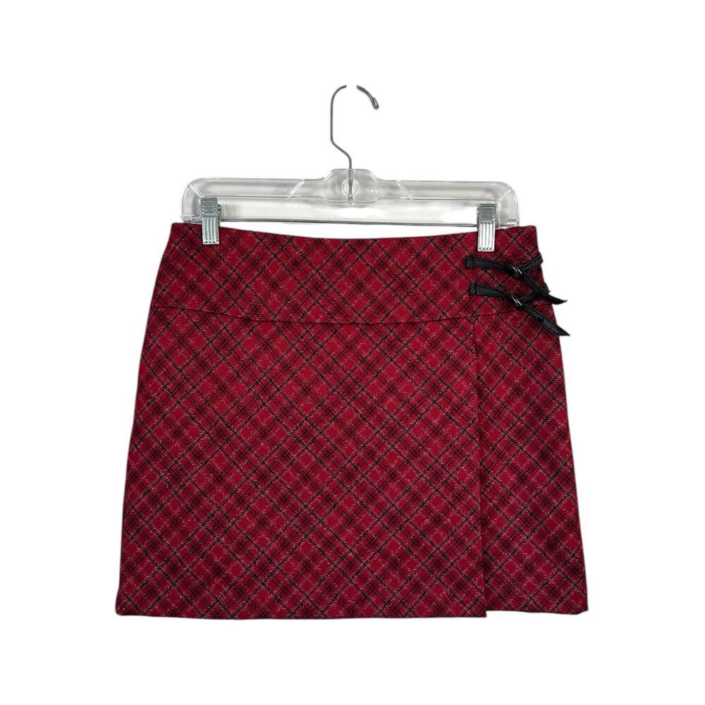 VTG 90s EXPRESS Plaid Mini Skirt Red Metallic Faux Wrap Buckles Academia Medium